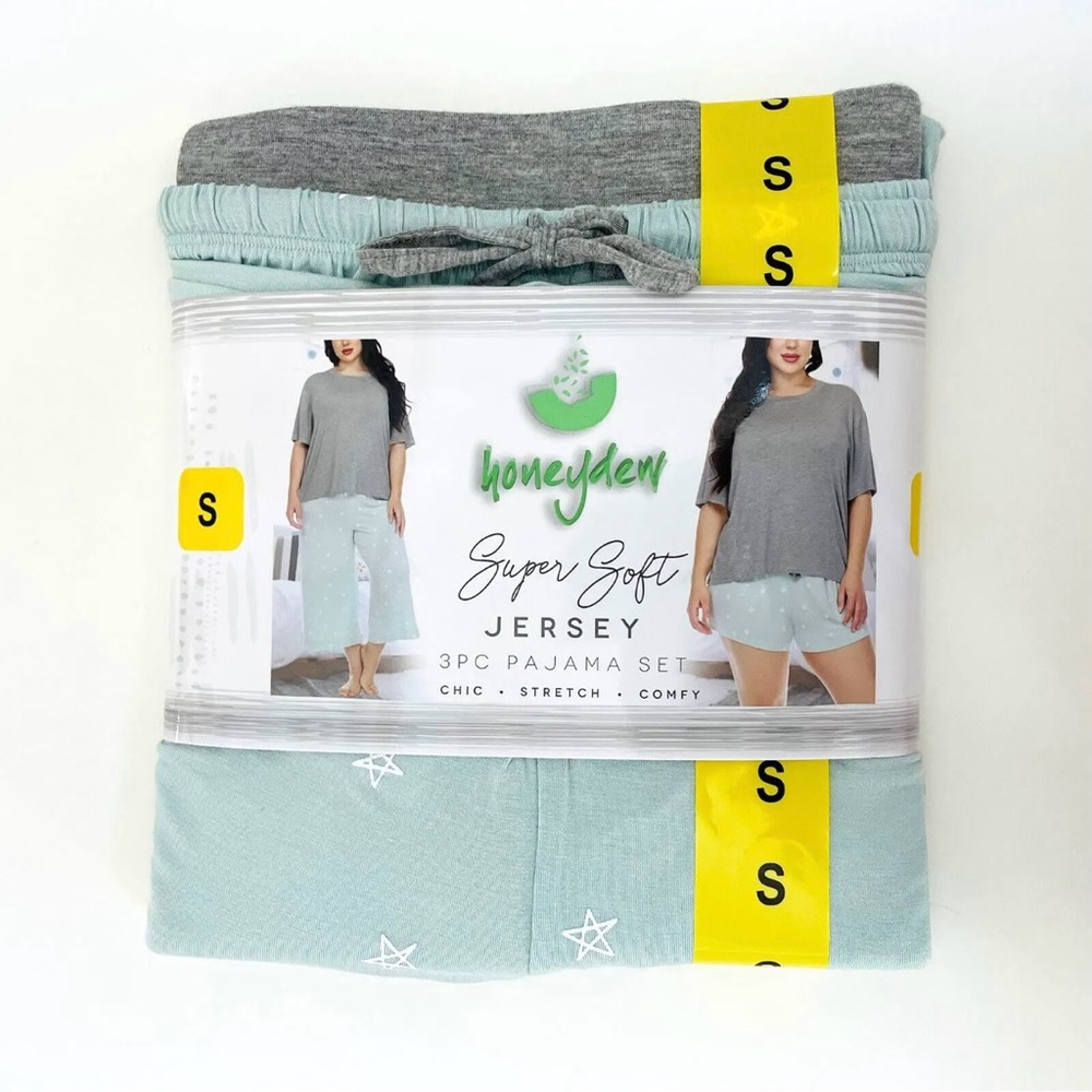 Honeydew Womens Pajama Set Blue Gray Star Super Soft Jersey 3 Piece Lounge Small